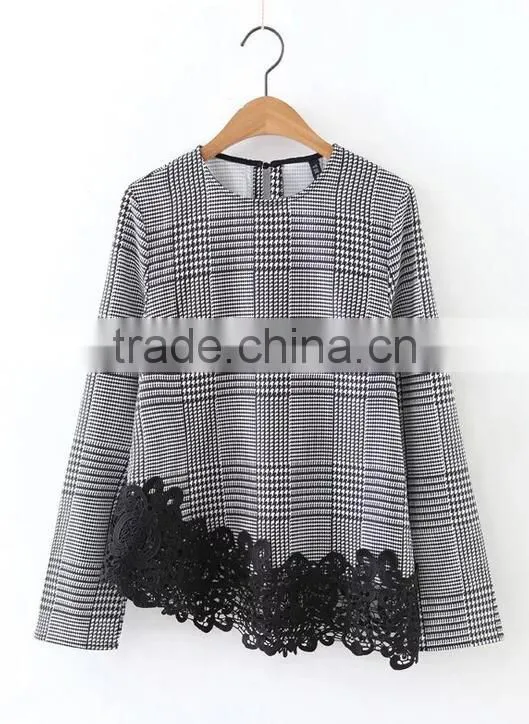 Runwaylover EY2378B Ladies 2017 Fashion Lace Splice Plaid Blouse