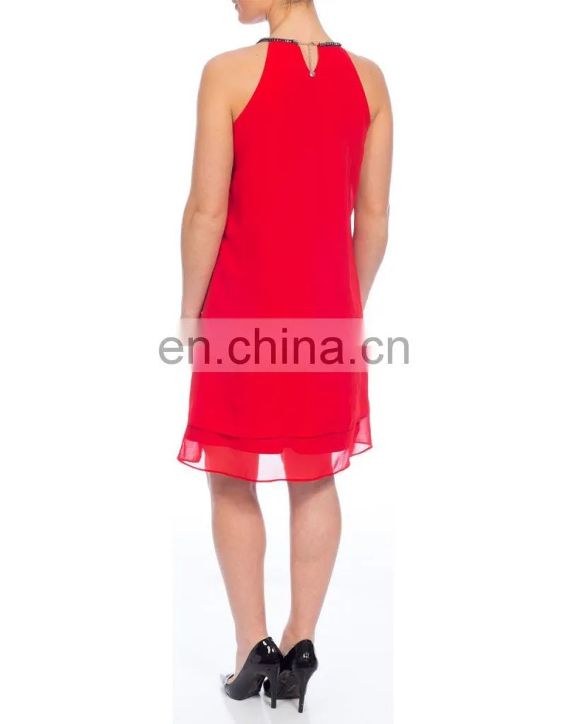 Solid Red Long Layer Women Tunics with Beaded Halter Dress