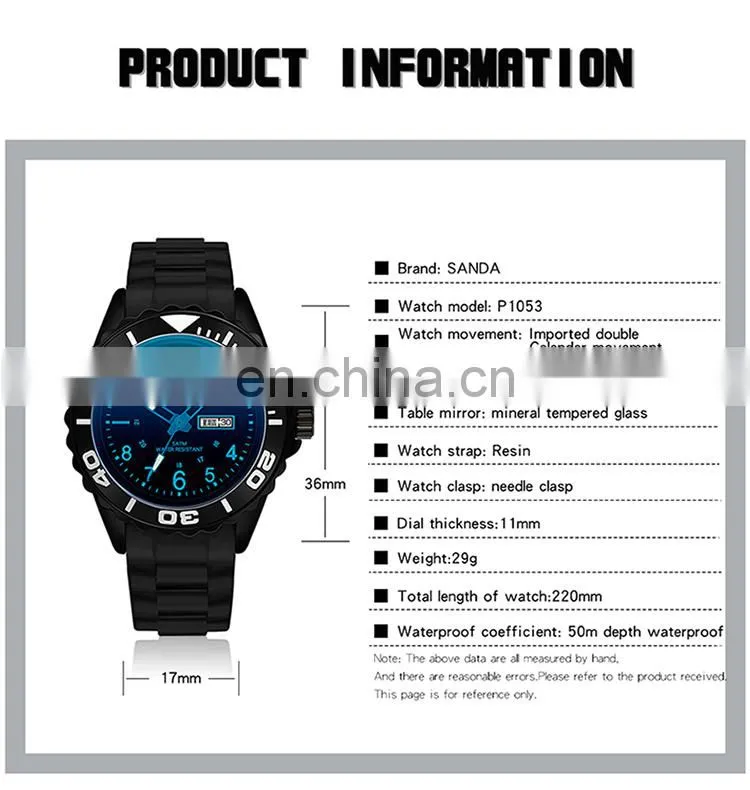 Sanda 1053 Designer Women Quartz Wrist Watch Resin Strap Luminous Waterproof Fashion Analog Watches Ladies