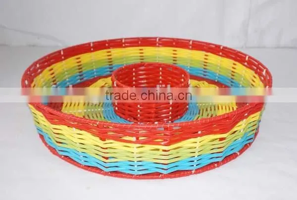round colorful woven plastic bread trays