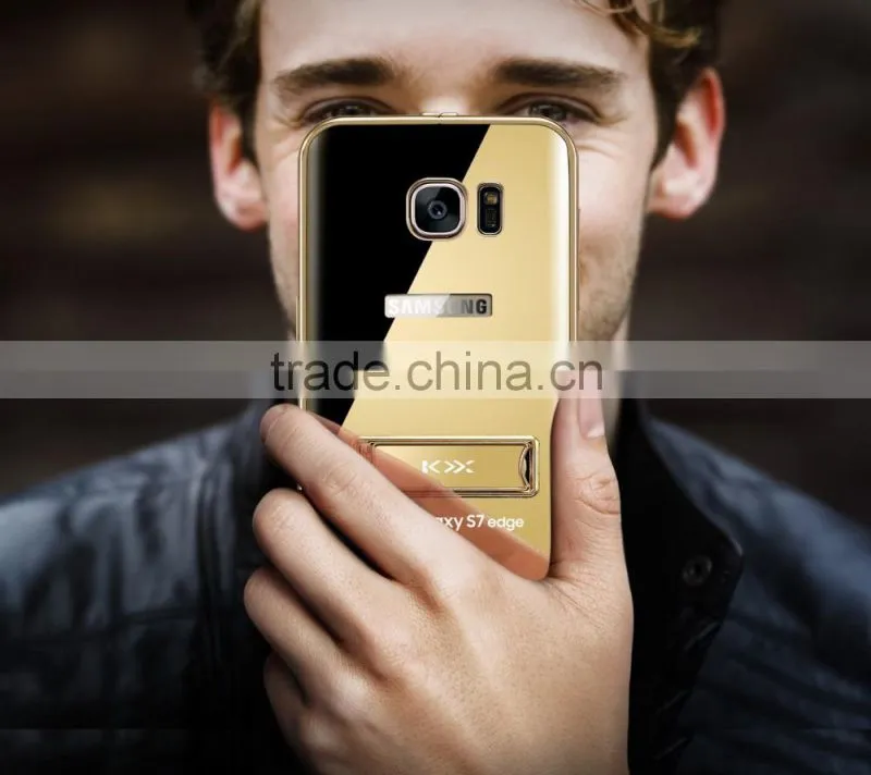 KXX Gold Series Stainless steel Bumper with Acrylic backplaneck Case for Samsung S7 edge Luxury Mirror Back Stand Case MT-5580