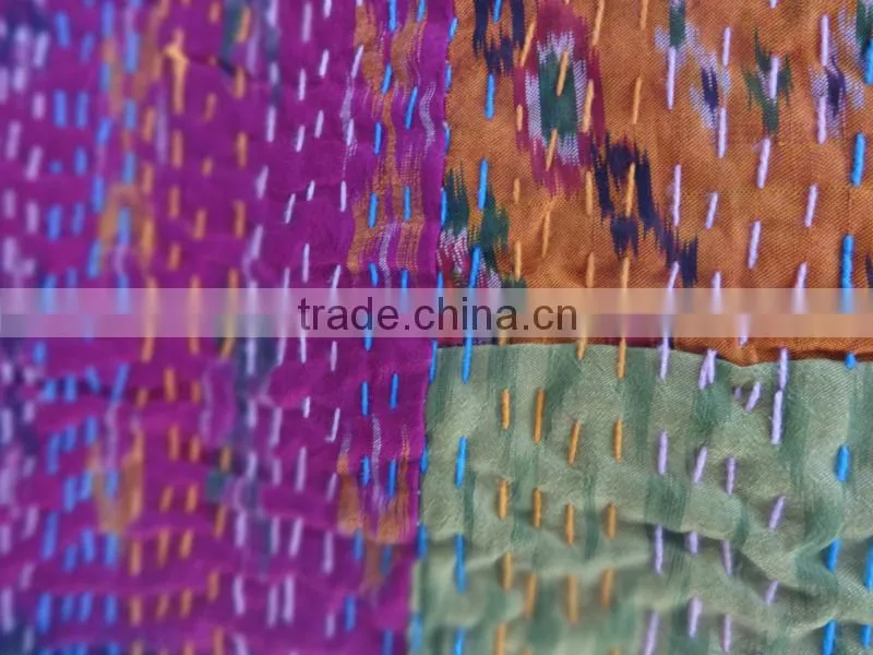 Queen Patchwork Kantha Quilt, Handmade bedspread India, Printed Patches, Cotton Bedspread