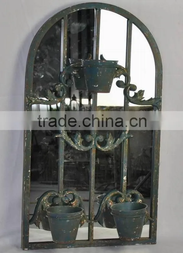 Lovely large wholesale rustic metal garden mirror with 3 flower pots