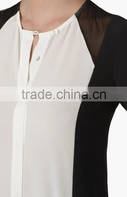 2015 women long sleeve color block shirt silk black&white