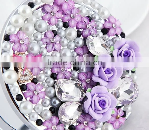 Easam hot purple flower makeup mirror with rhinestone