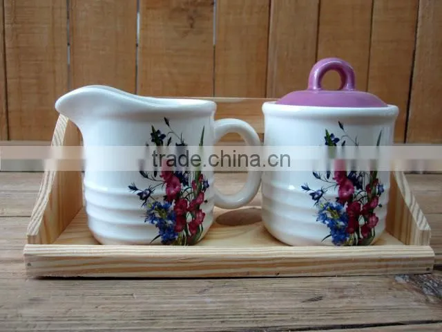 Ceramic Creamer and Sugar Bowl Set with Wooden Base