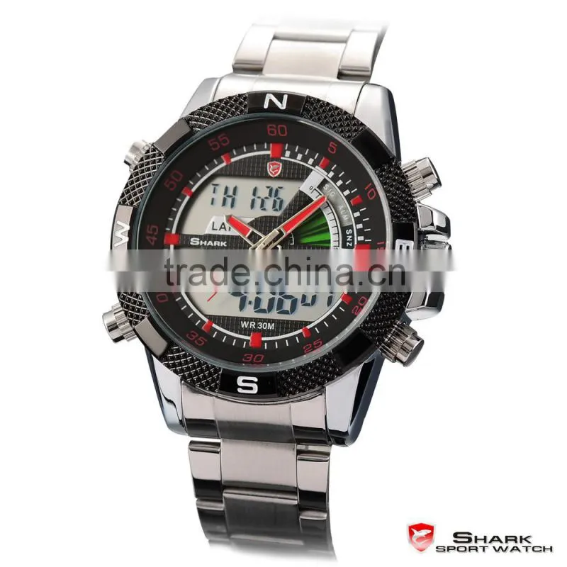 Shark Mens Digital LCD Dual time Quartz Stainless Steel Sport Watch