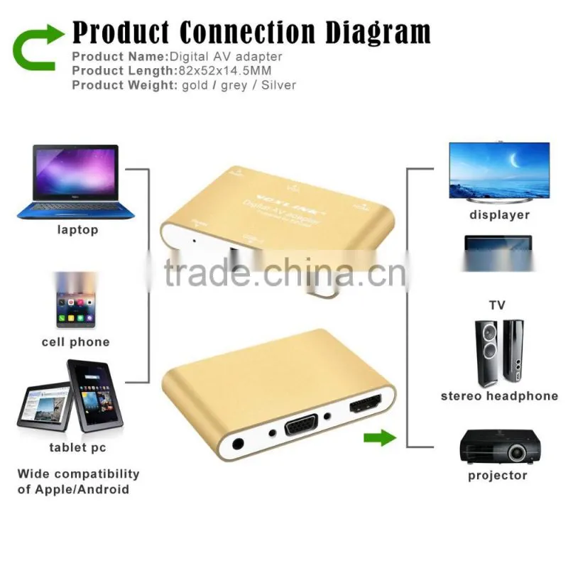 Voxlink Digital AV Adapter With VGA+Audio Dual Display Converter Power Silver/ Golden/ Gray