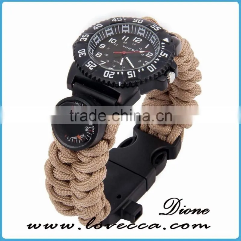 Hiking&camping 480 Paracord survival Waterproof Quartz Watch bracelet with compass thermometer firestarter whistle