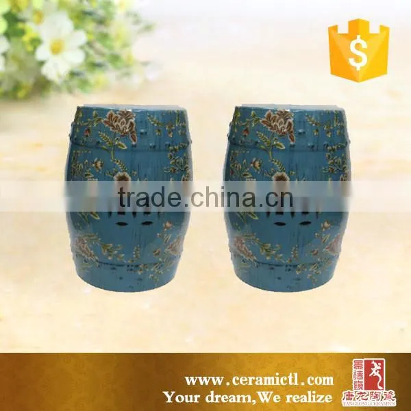 Porcelain round garden stool Cobalt blue painted ceramic stool
