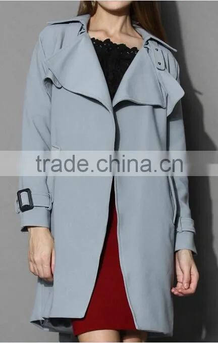 Beige /Grey/Indigo blue color Open front design Full lined long jacket,beautiful women Belted Textured Trench jacket Coat