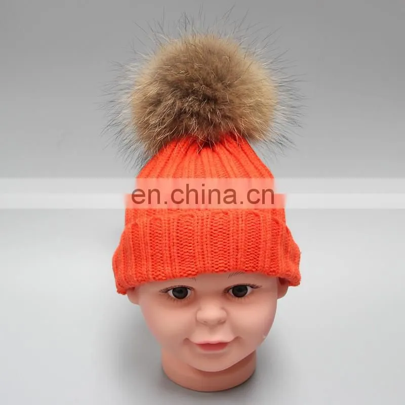 Top grade red child pompom hats for kids with 15cm large raccoon fur ball