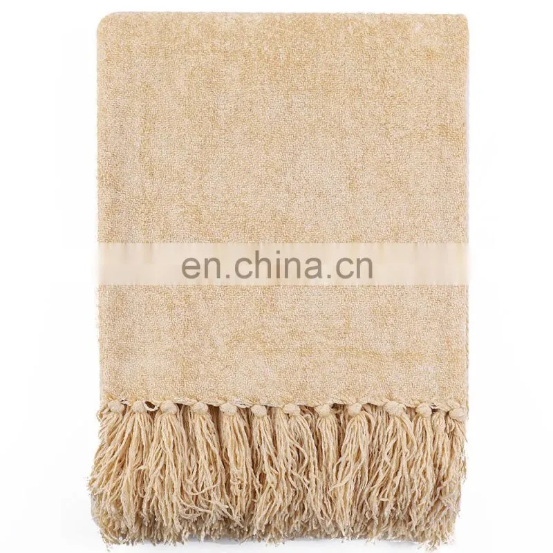 Best Quality Light Yellow Acrylic High Quality Blanket Jacquard Knitted Blanket With Tassels