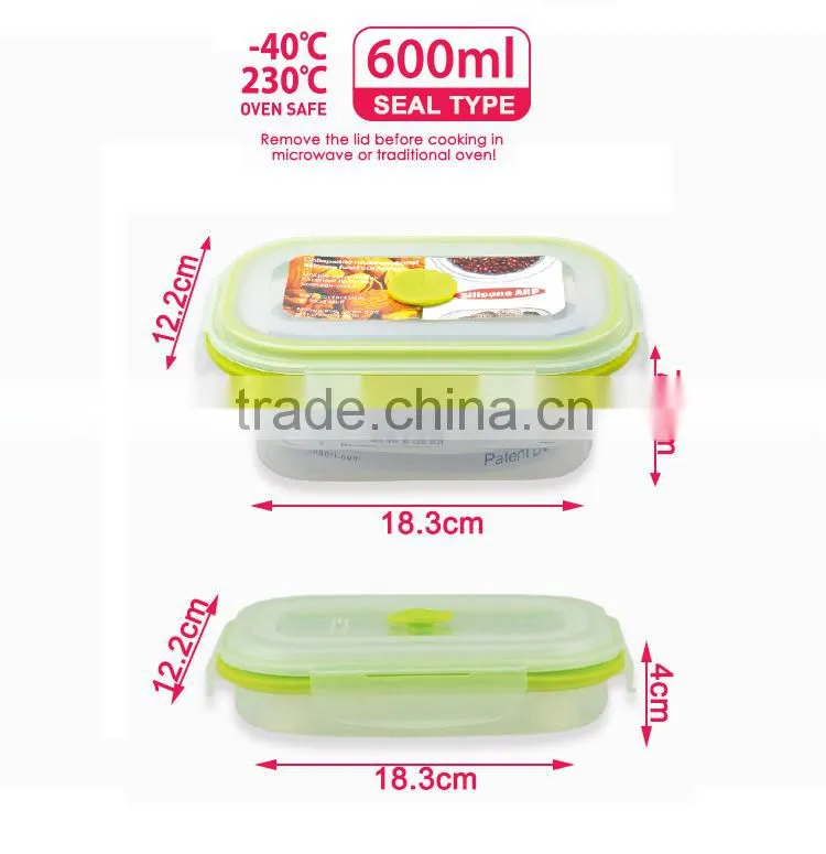 600ml Foldable silicone food container Lunch box with PP lid Platinum silicone Non-stick BPA FREE