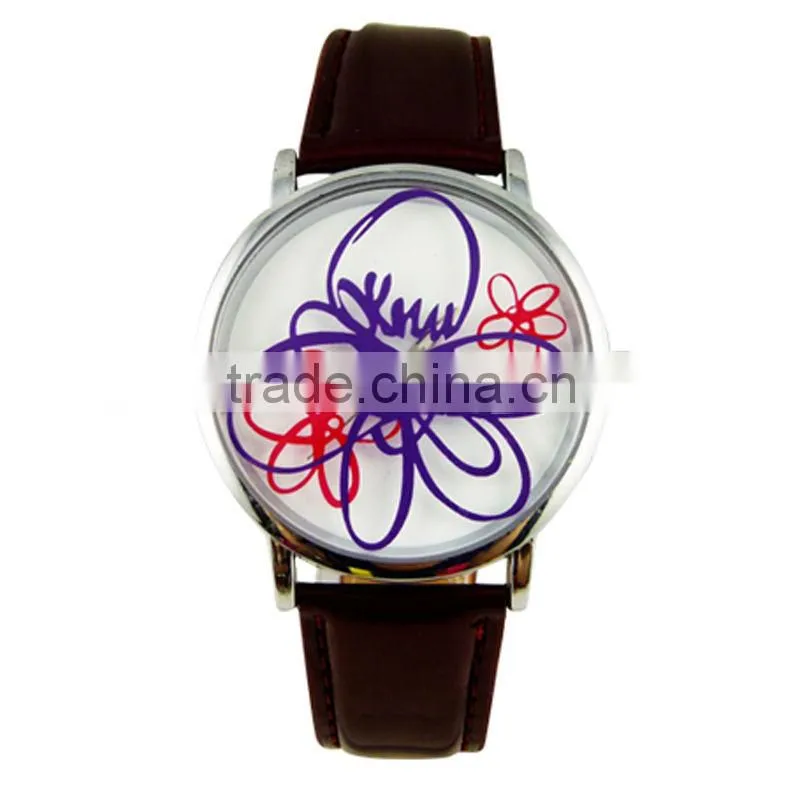 Europe Elegant Clear Flower Painting Women Leather Strap Watch