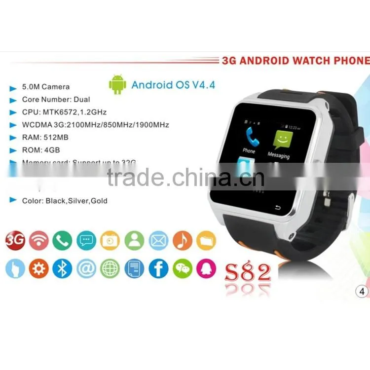 Hot Bluetooth S82 Smart Watch phone Android 4.4 MTK6572 Dual Core wifi GPS 3G Original