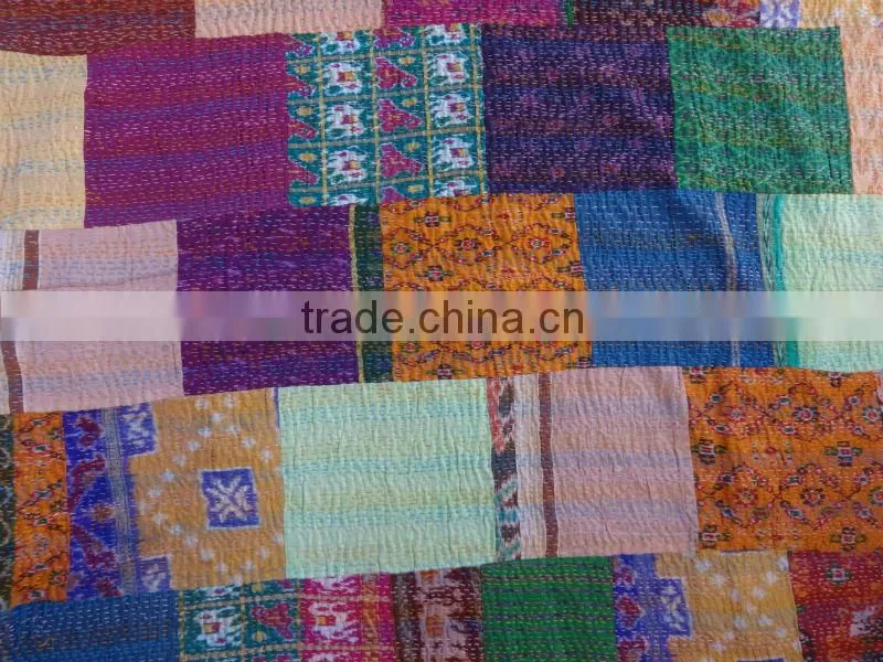 Queen Patchwork Kantha Quilt, Handmade bedspread India, Printed Patches, Cotton Bedspread