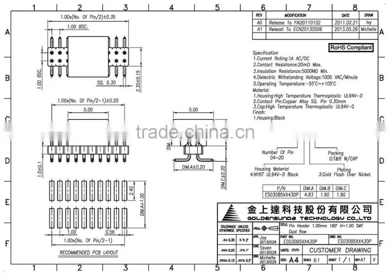 Board to Board Connector Pin Header 1mm Pitch