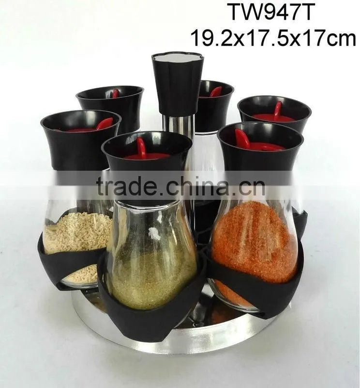 TW966 6pcs glass spice shaker spice jar with plastic lid and metal rack