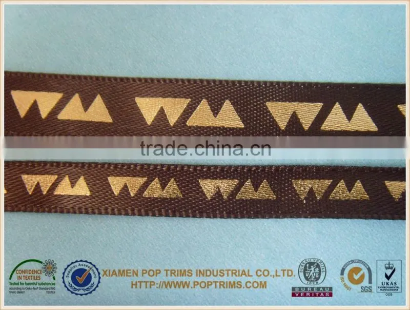 7mm shiny gold foil printing brown satin ribbon