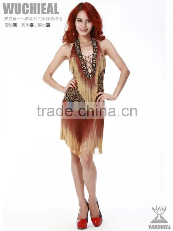 wholesale sexy and pretty latin dance dress with leopard and tassels suit,stage latin performance QC00201
