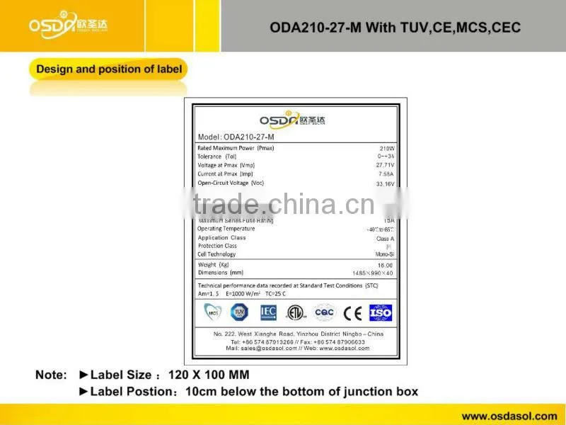 TUV MCS CEC certificated 210W mono solar panel