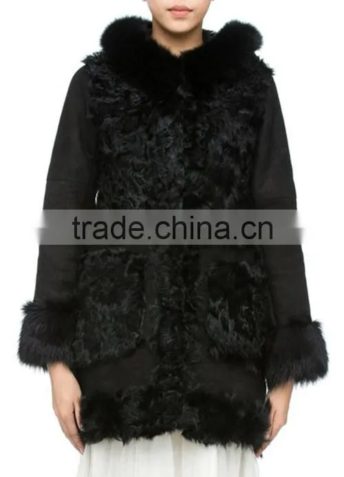Popular women sheepskin winter hooded coat with fox fur