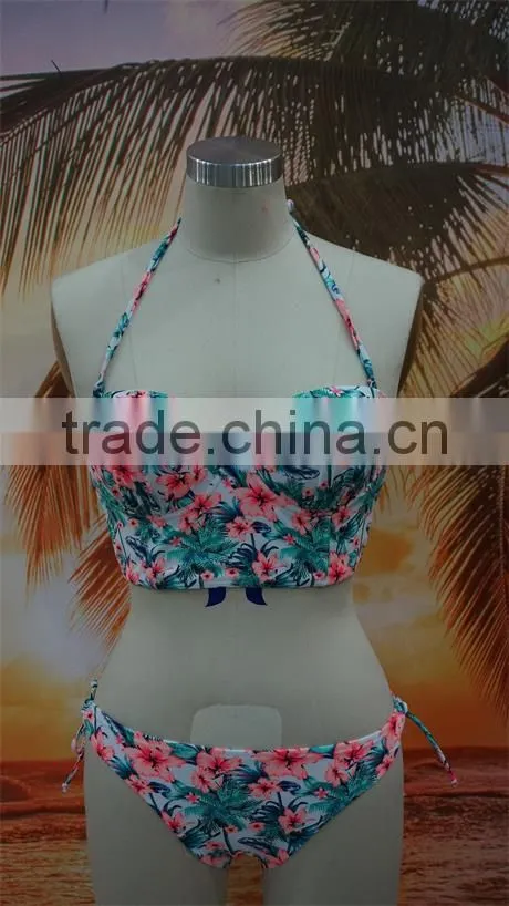 2016 new arrival flower printed retro high waist bikini