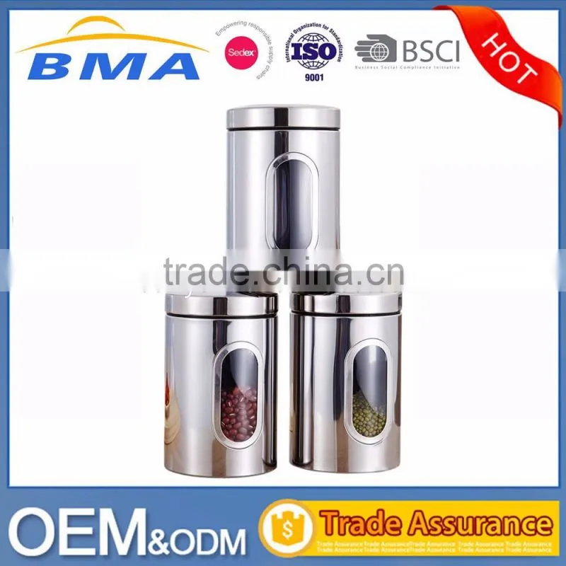 3pcs Round Stainless Steel Tea Coffee Sugar Canisters with Transparent Window