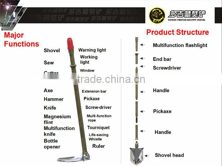 Mutifunction Outdoor Knife Shovel Hoe Screw Driver Flashlight Camping Equipment