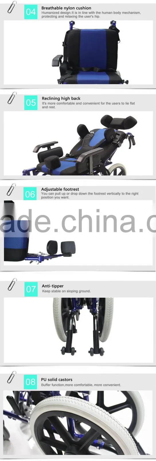 TRW958LBCGPY Reclining Wheel Chair with reclining high back, adjustable headrest