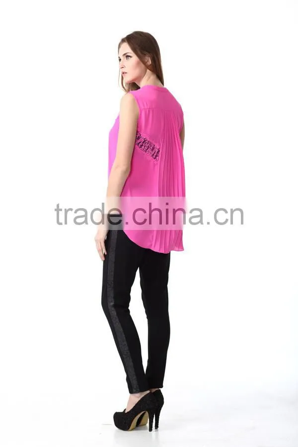Fashion Design Sleeveless Back Pleated Woman Blouse