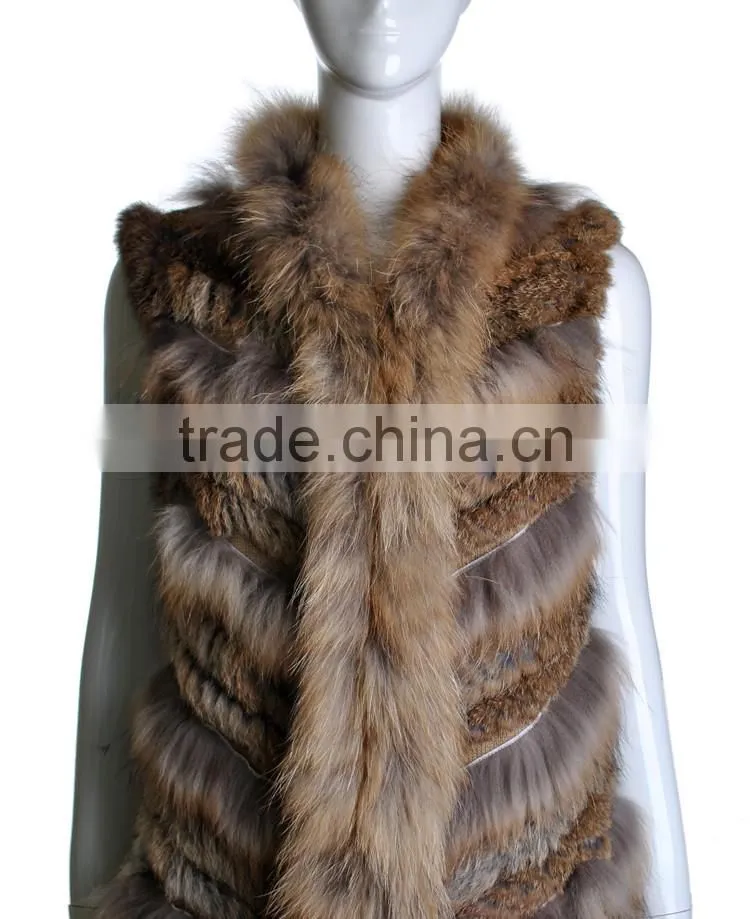 YR646 Stylish Real Rabbit Knit and Raccoon Fur Waistcoat Euro Long Fur Gilet