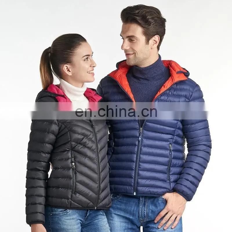 Fashion women dark blue lightweight down jacket with hood
