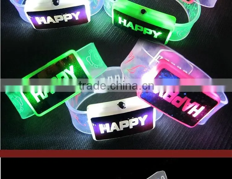 Light Up Promotional Custom Logo Happy Led Bracelet, Led Wristbands, Led Bangle Party Decoration