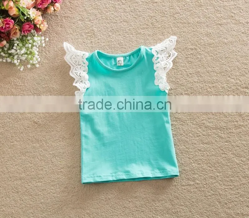 Ins New style kids boutique clothing colorful t-shirts fly sleve lace design pure cotton high quality newbron baby girls shirts