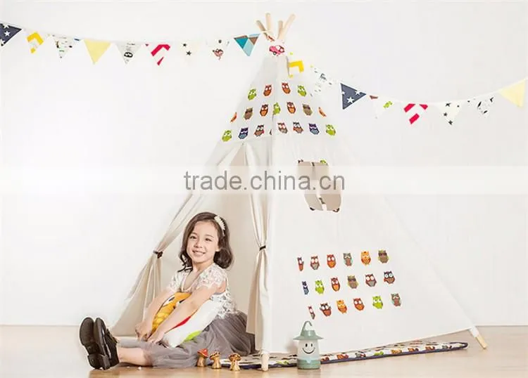 Playhouse-Printed Owl-Preassemble Teepee Canopy Canvas Tent For Kids Cotton One Person Canvas Tent