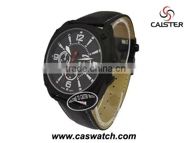fashion custom chronometer big size face watches for men cheap PU leather promotion quartz watch gun plated alloy metal watch