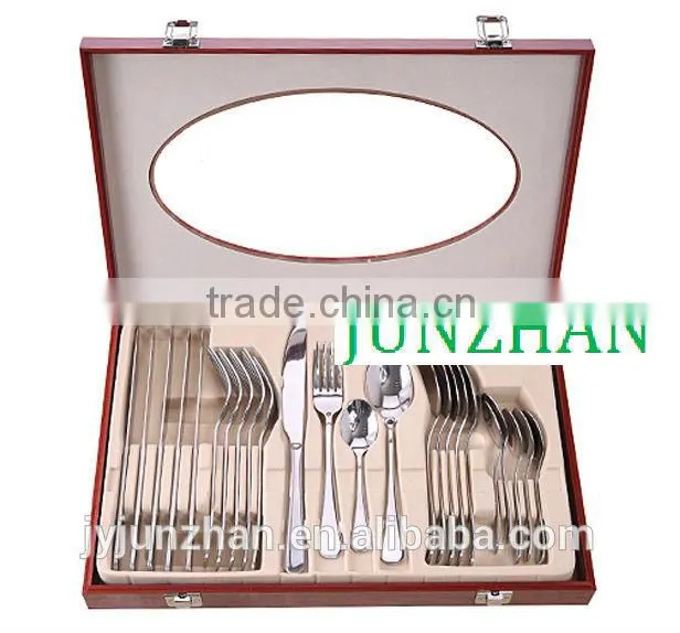 24pcs spoon fork knife sets with plain handle and wooden box packing