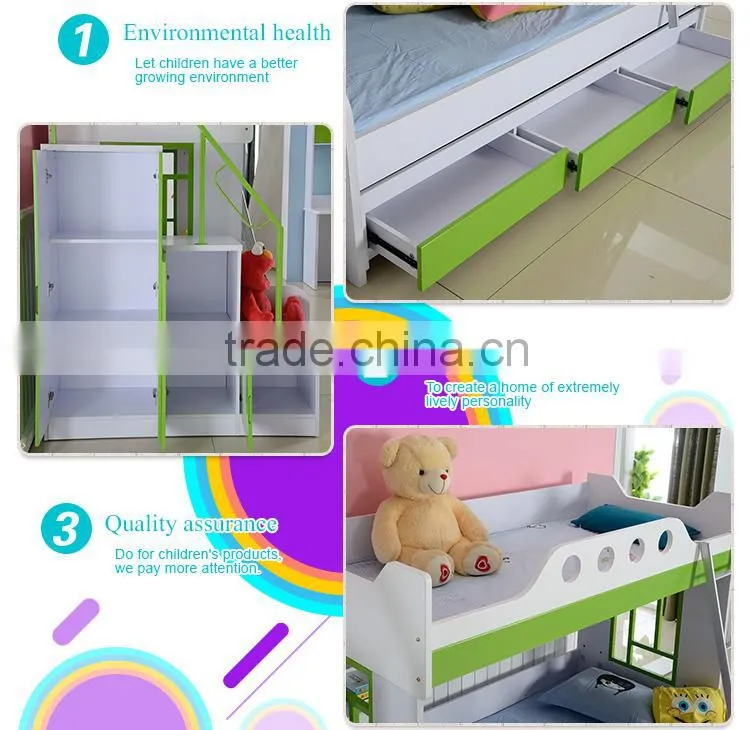 2016 New Design children bedroom furniture cute kids bunk bed with desk and wardrobe
