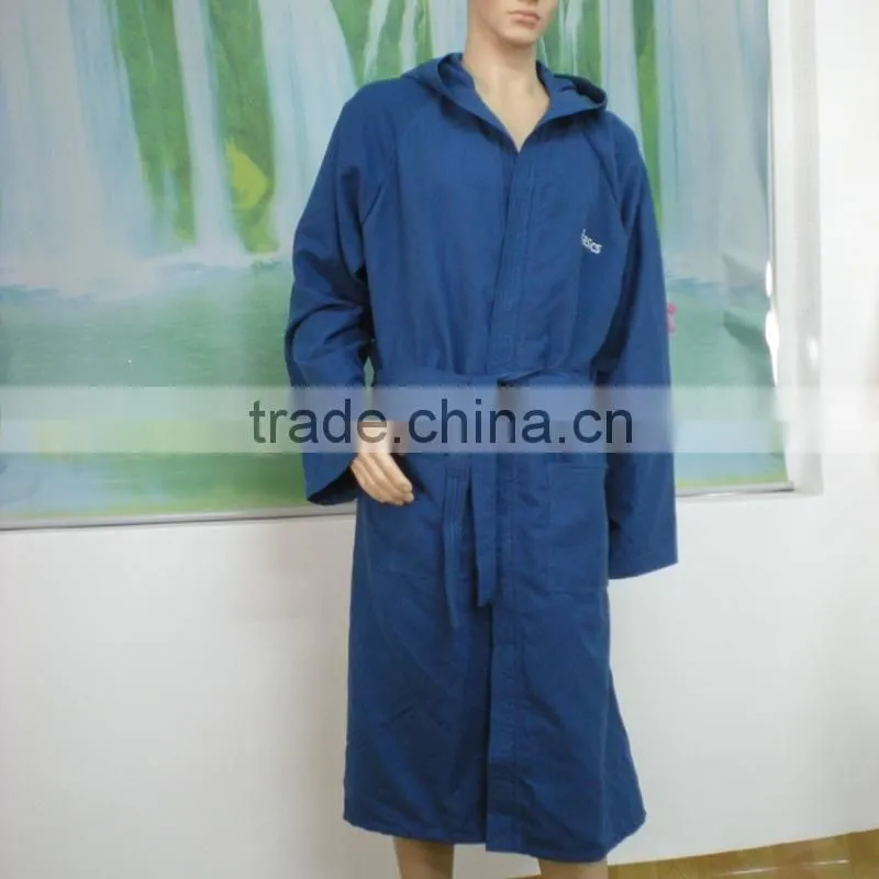 Navy hooded mens microfiber bathrobe/sport bathrobe