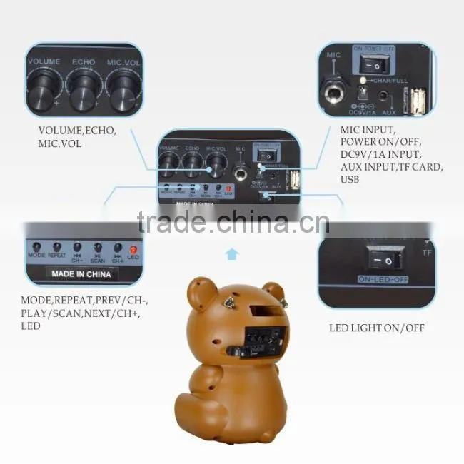 Hoxen 6.5" hot-sale portable bluetooth bear speakers with FM radio,USB,SD play L-86A