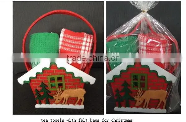 Christmas felt bags with dish towel set rolled inside