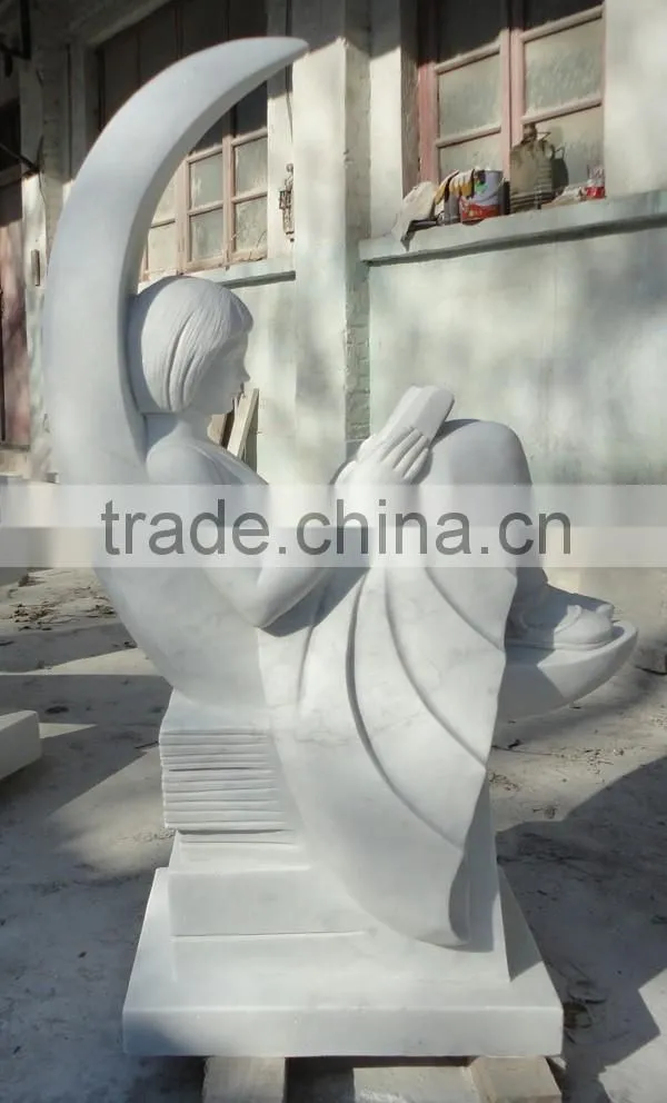 Hand Carved White Marble Garden Girl Reading Book Sculpture