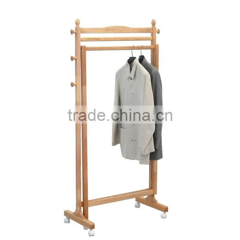 wooden clothe rack with Omni-directional wheel wooden coat hanger