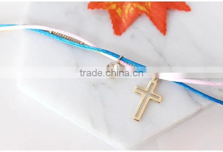gold cross star zircon charms bracelet layered colorful silk cord gold chain bracelet