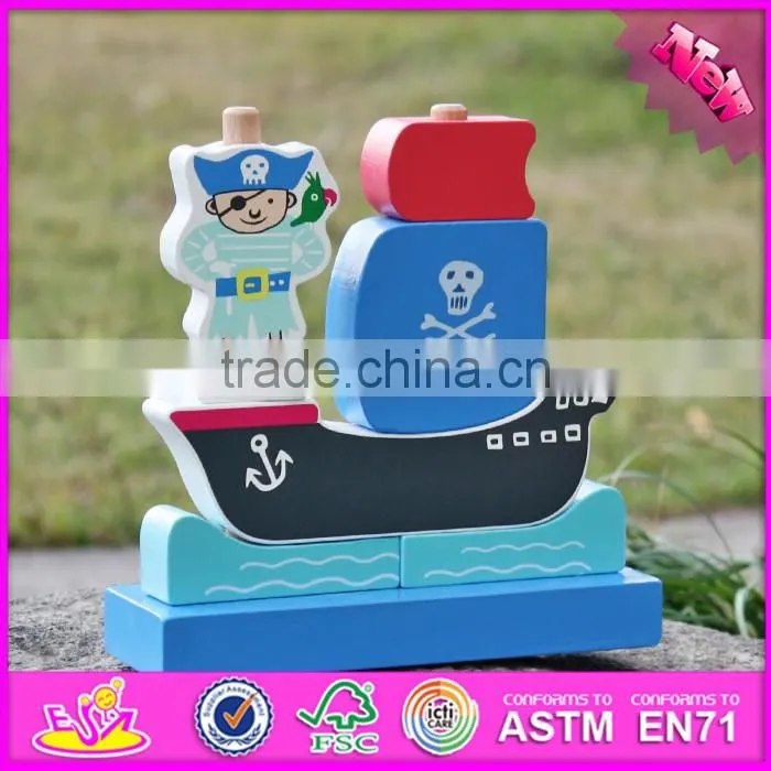 2017 new design pirate boat shape wooden stacking toys for 1 year old W13D134