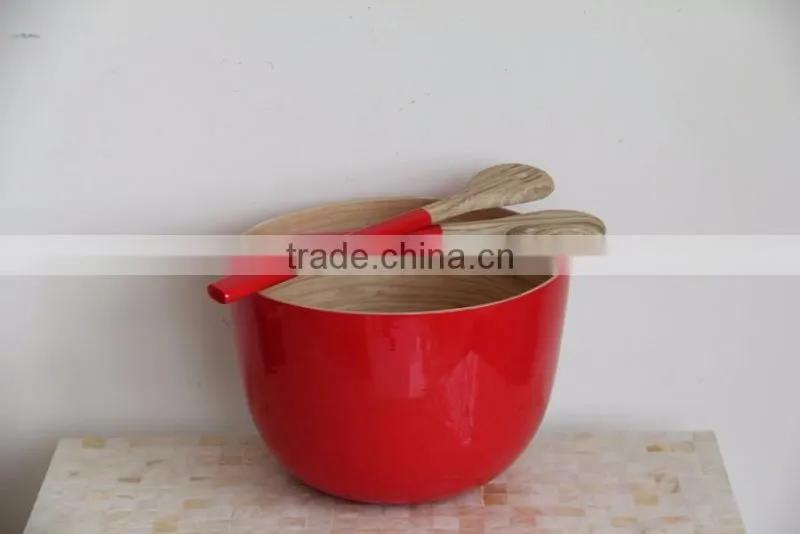 Set of 1 bamboo salad bowl and 2 bamboo salad servers