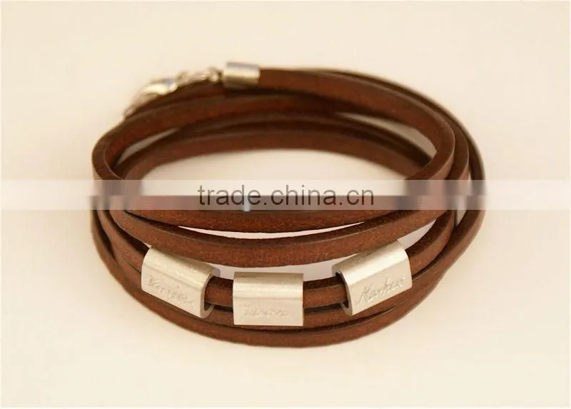 Personalized engraved multi strand leather bracelet, wrapped leather bracelet, name/logo stamped bracelet, crystal bead bracelet