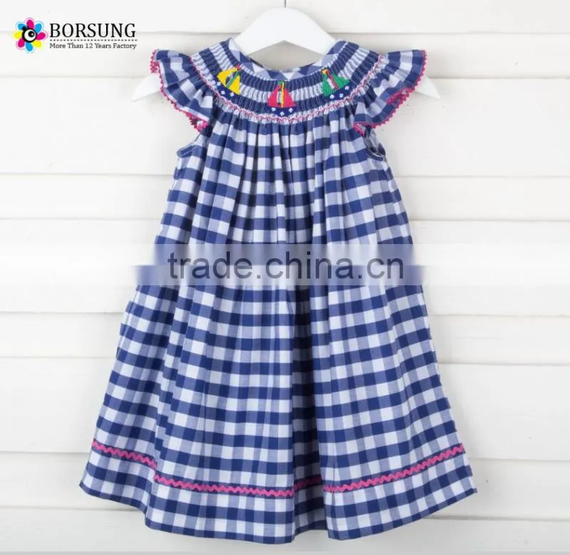 Blue plaid children frocks designs Kids Smocked clothing short sleeve Baby Girl Dresses